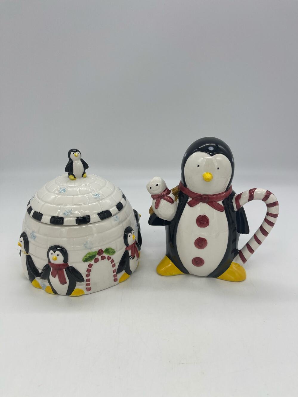 Sakura Penguins Igloo Sugar Bowl and Creamer Hand Painted